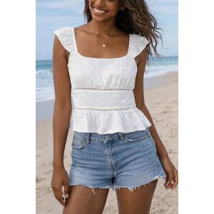 Wild Fable White Boho Peasant Top Size S Smocked Back Ruffle Hem Summer #9